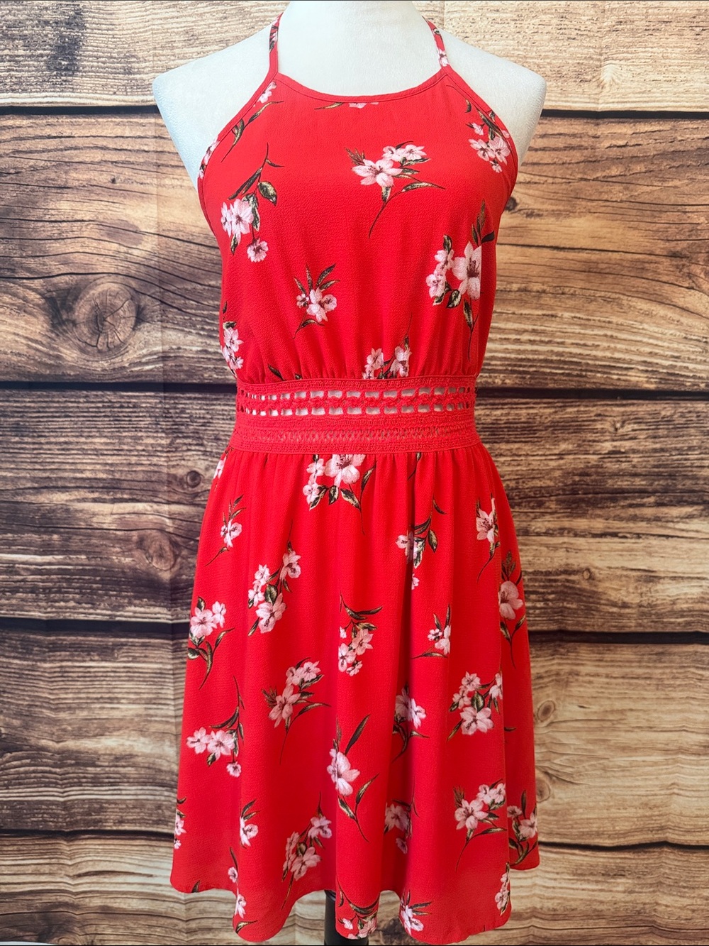 Adam Levine Collection Red Floral Halter Mini Dress with Crochet Waist